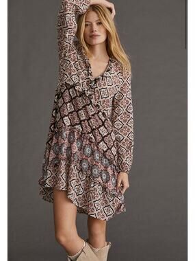 ANTHROPOLOGIE Tiered V Neck Long Sleeve Mini Dress Small S